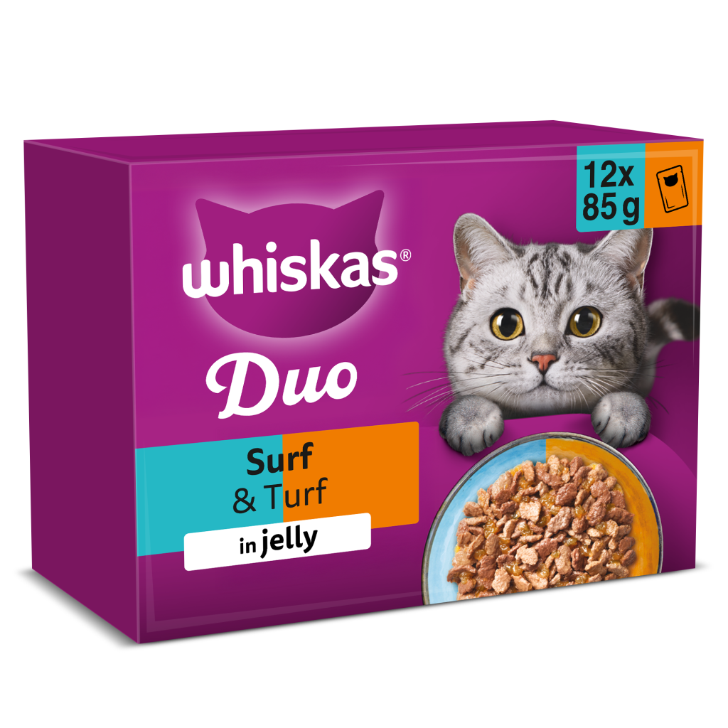 WHISKAS 1+ DUO Surf & Turf Wet Cat Food Pouches in Jelly 12 x 85g